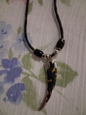 Women’s Black Cord Necklace with Blue-Green Horn Pendant